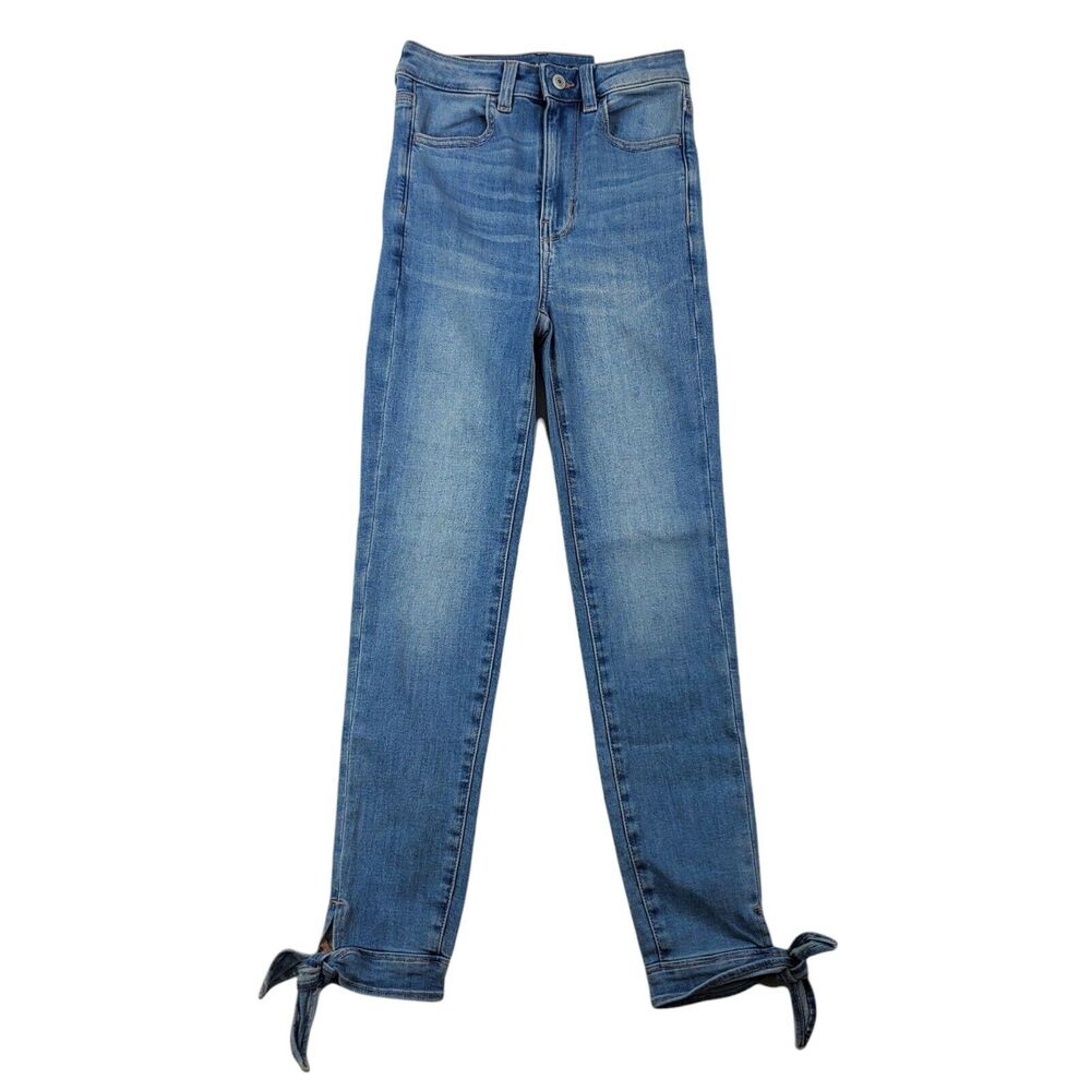 American Eagle Women SZ 00 Crop Jegging Jeans Highest Rise Tie Ankle Stretch NWT